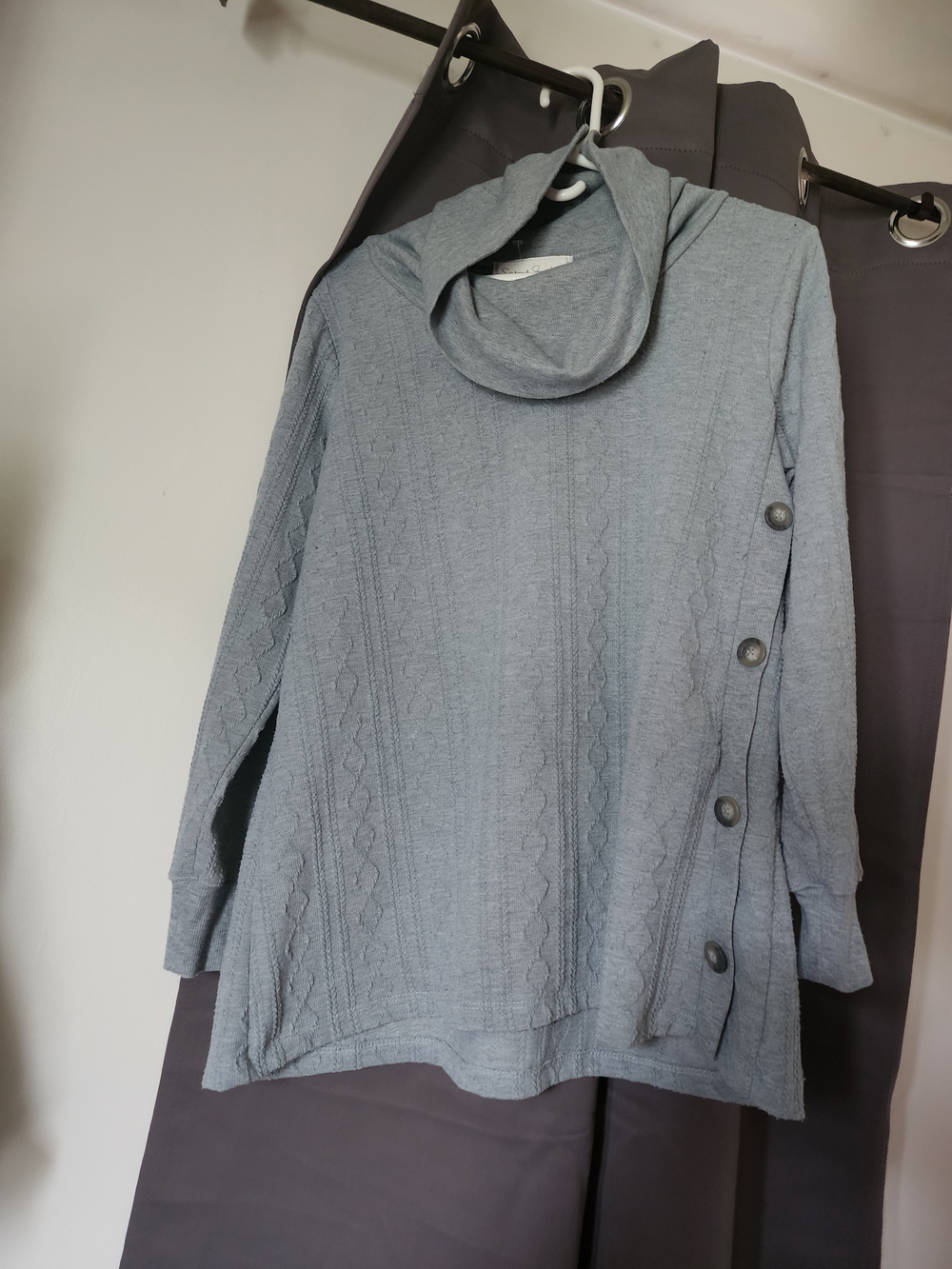 French Laundry Light Gray Cable-Knit Cowl Neck Sweater with Side Buttons